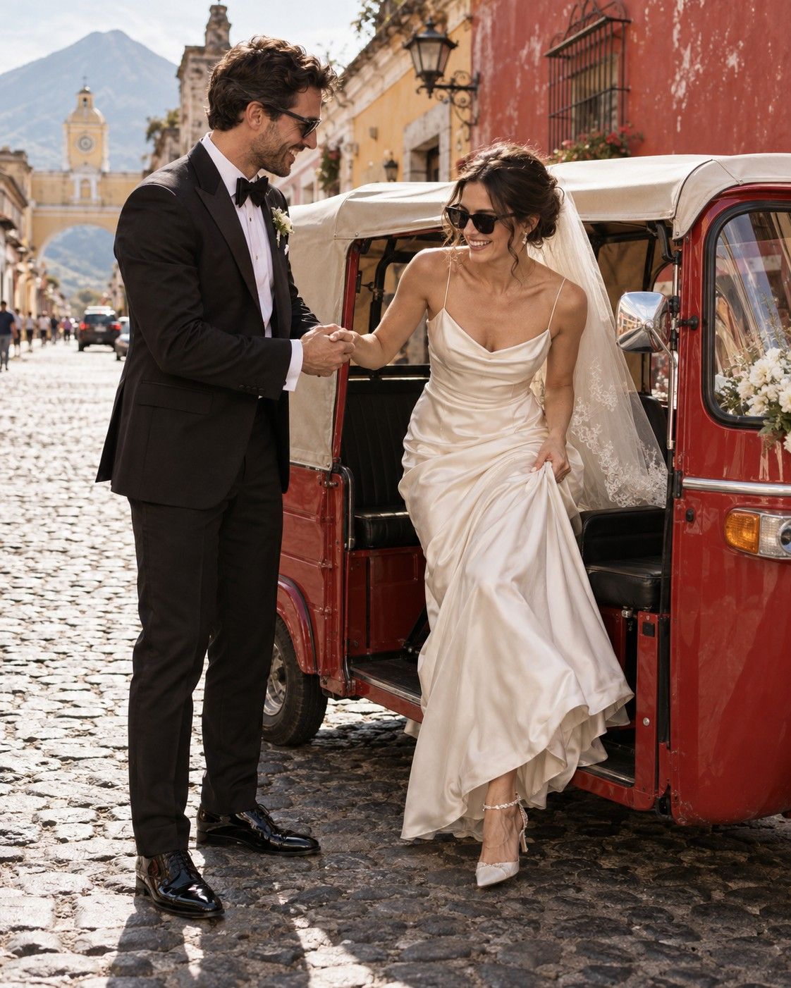 Un novio ayuda a una novia a bajar de un tuk-tuk rojo en una calle empedrada de Antigua Guatemala, con el Arco de Santa Catalina a lo lejos.