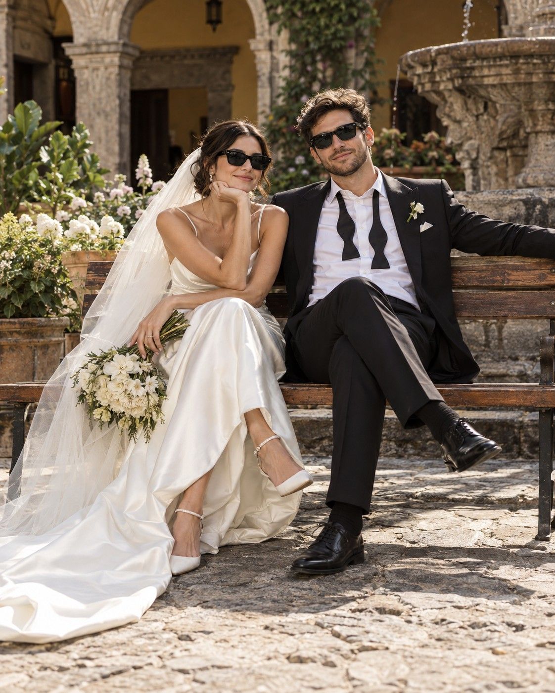 Una novia y un novio con lentes de sol sentados en una banca de madera en un patio colonial con una fuente de piedra.