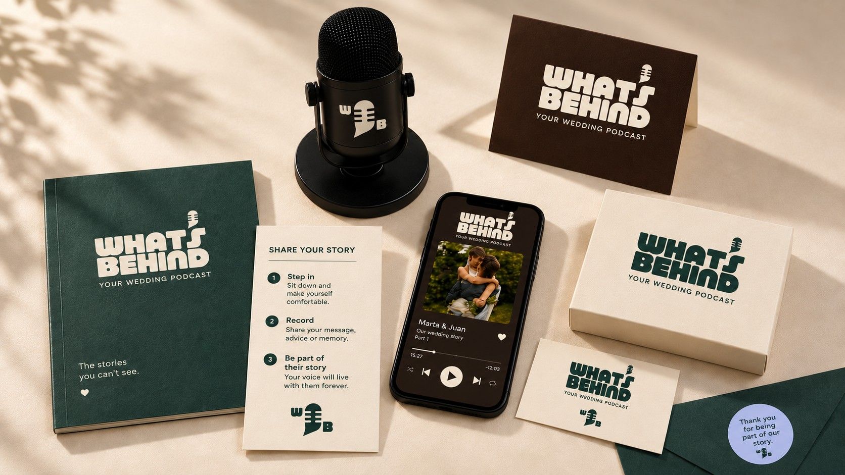 Piezas de Whats Behind sobre una mesa: un libro verde, una caja color crema, tarjetas impresas, un micrófono y un teléfono mostrando un episodio.