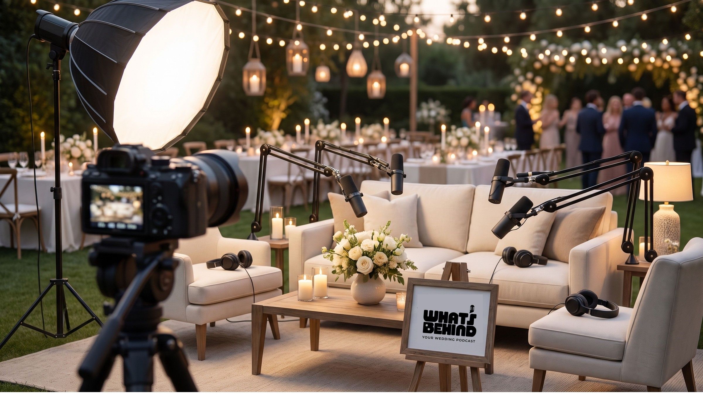 Un set de podcast en una recepción de boda al aire libre: sofá y sillones color crema, cuatro micrófonos con brazo, audífonos, una cámara y una luz, con mesas e invitados al fondo.